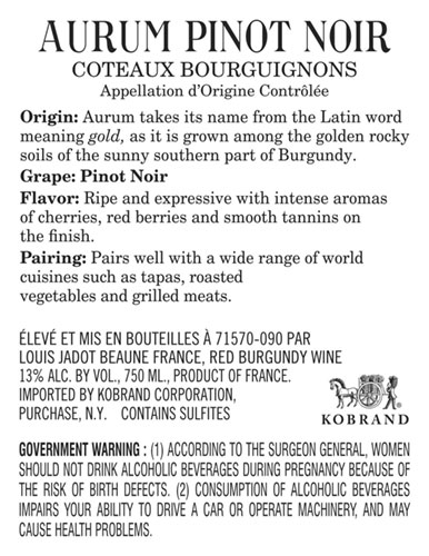 Aurum Pinot Noir Back Label