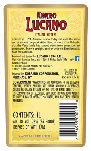 Amaro Lucano Back Label – Italian Bitters (1L)