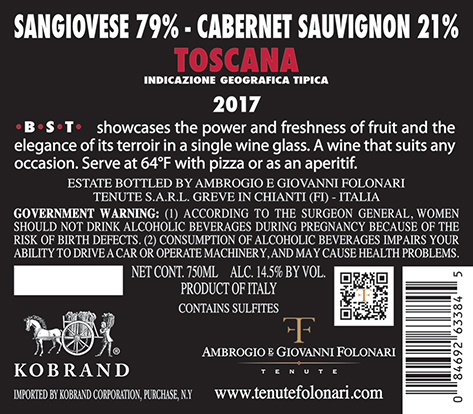 Sangiovese & Cabernet Sauvignon Toscana I.G.T. 2017 Back Label