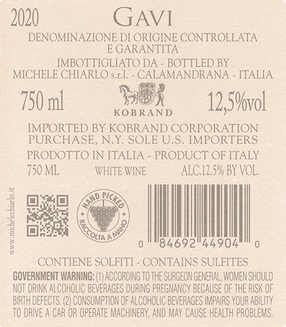Le Marne Gavi DOCG 2020 Back Label