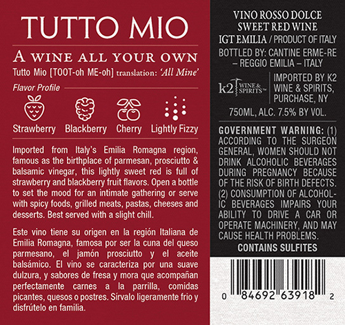 Vino Rosso Dolce Back Label