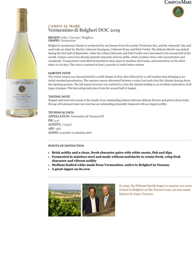 Vermentino di Bolgheri DOC 2019 Fact Sheet