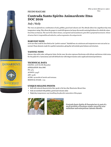 Contrada Santo Spirito Animardente Etna DOC 2016 Fact Sheet