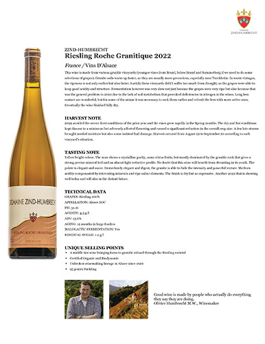 Riesling Roche Granitique 2022 Fact Sheet