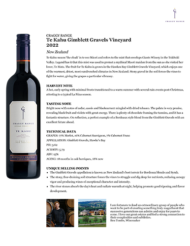 Te Kahu Gimblett Gravels Vineyard 2022 Fact Sheet