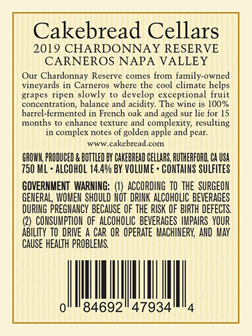 Napa Valley Chardonnay Reserve 2019 Back Label