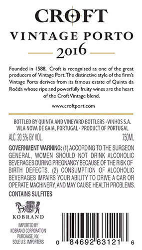 Classic Vintage Porto 2016 Back Label