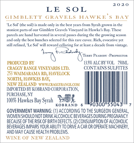 Le Sol Gimblett Gravels Vineyard 2020 Back Label