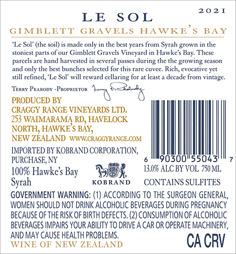 Le Sol Gimblett Gravels Vineyard 2021 Back Label