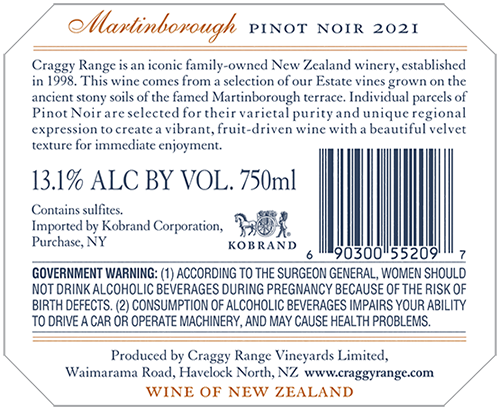 Martinborough Pinot Noir 2021 Back Label