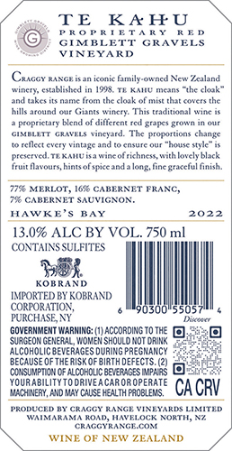 Te Kahu Gimblett Gravels Vineyard 2022 Back Label