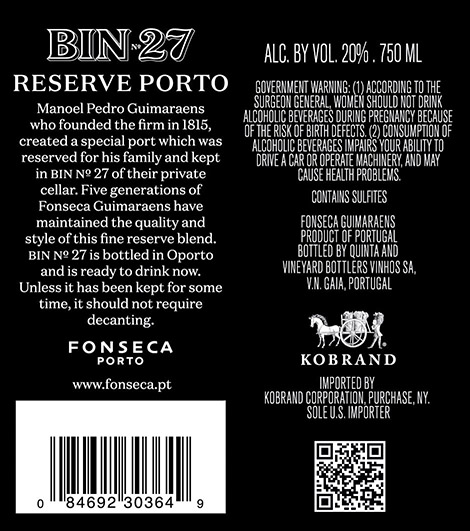 BIN 27 Porto Back Label