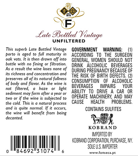 Late Bottled Vintage Porto (Unfiltered) Back Label