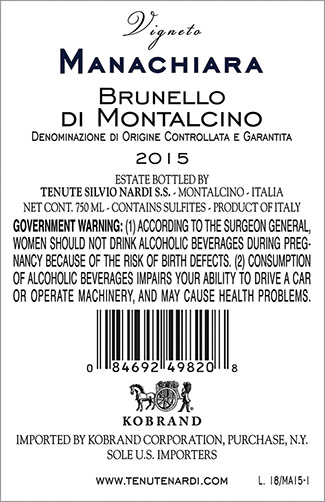 Brunello di Montalcino Manachiara DOCG 2015 Back Label