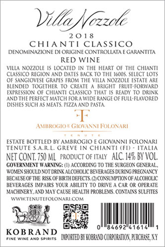 Villa Nozzole Chianti Classico DOCG 2018 Back Label
