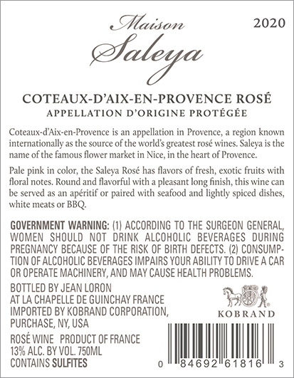 Maison Saleya Rosé 2020 Back Label