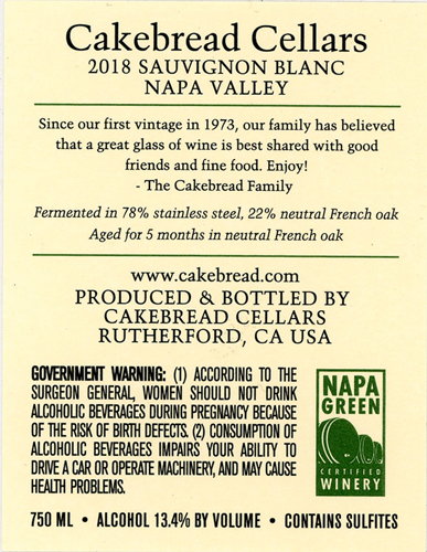 Napa Valley Sauvignon Blanc 2018 Back Label