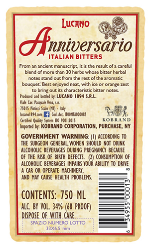 Anniversario Amaro Back Label – Italian Bitters (750ml)