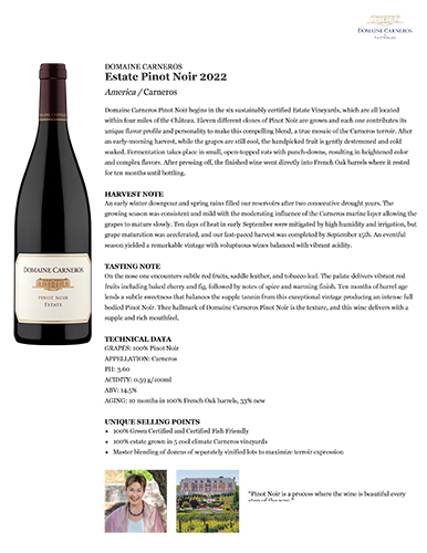 Estate Pinot Noir 2022 Fact Sheet