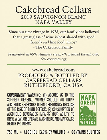 Napa Valley Sauvignon Blanc 2019 Back Label