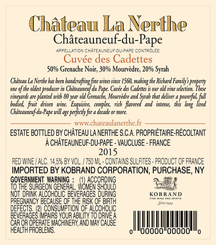 Cuvée des Cadettes Châteauneuf-du-Pape 2015 Back Label