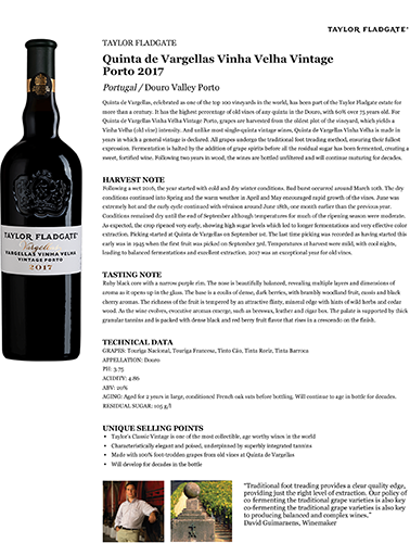 Quinta de Vargellas Vinha Velha Vintage Porto 2017 Fact Sheet
