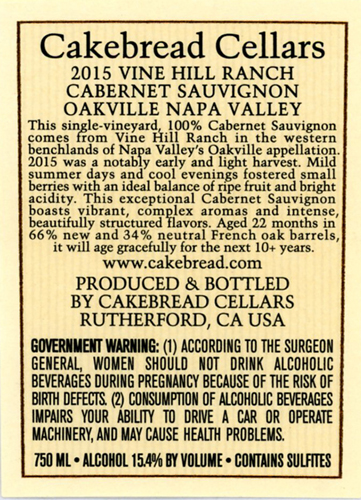 Vine Hill Ranch Cabernet Sauvignon 2015 Back Label