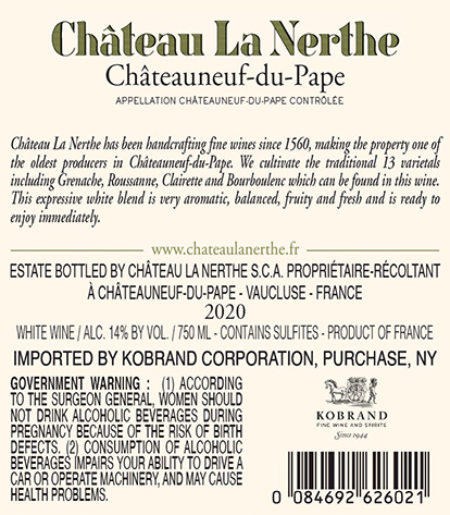 Châteauneuf-du-Pape Blanc 2020 Back Label