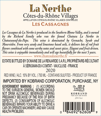Les Cassagnes Côtes-du-Rhône Villages 2020 Back Label