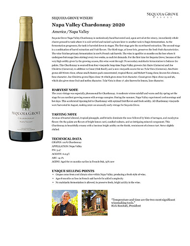 Napa Valley Chardonnay 2020 Fact Sheet