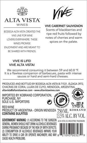 Vive Cabernet Sauvignon Back Label