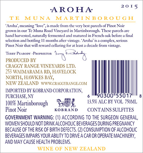 Aroha Pinot Noir 2015 Back Label