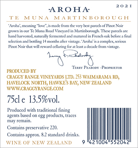Aroha Pinot Noir 2021 Back Label