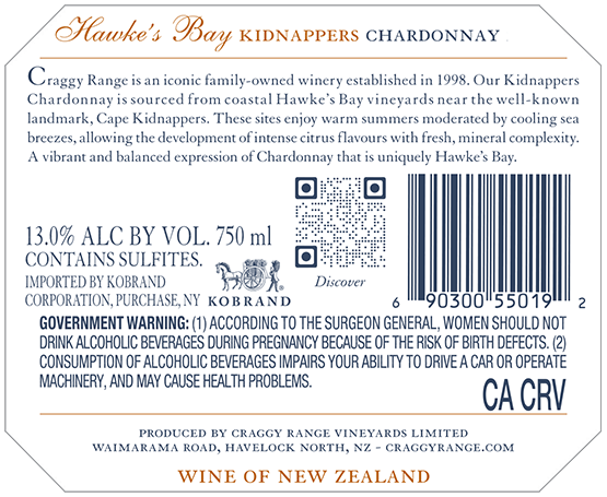 Kidnappers Chardonnay 2024 Back Label