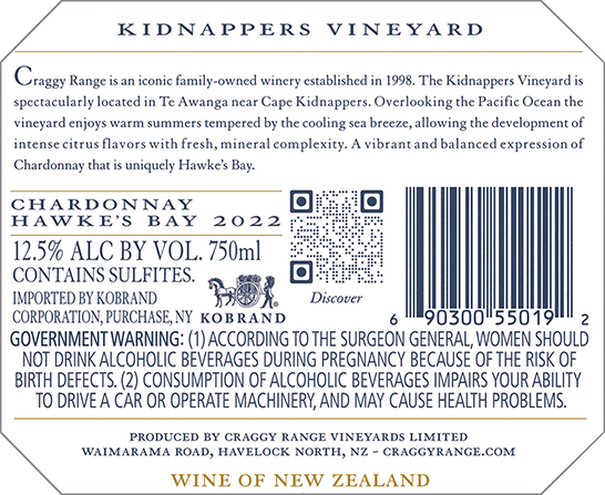 Kidnappers Vineyard Chardonnay 2022 Back Label