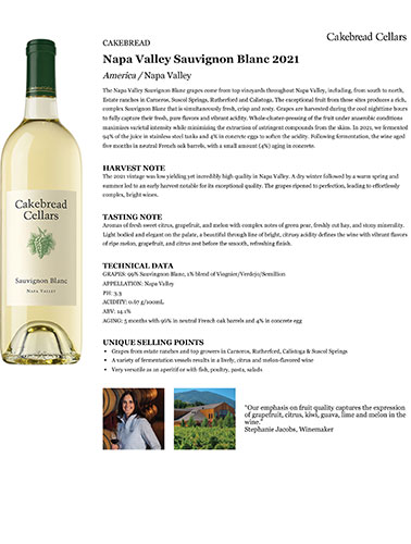 Napa Valley Sauvignon Blanc 2021 Fact Sheet