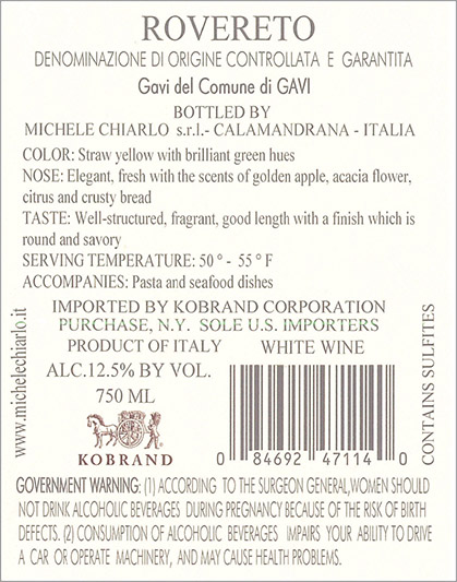 Rovereto Gavi del Comune di Gavi DOCG Back Label