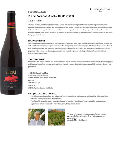 Neré Nero d’Avola DOP 2020 Fact Sheet