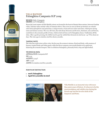 Falanghina Campania IGP 2019 Fact Sheet