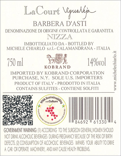 La Court Vigna Veja Barbera d’Asti Superiore Nizza DOCG 2013 Back Label