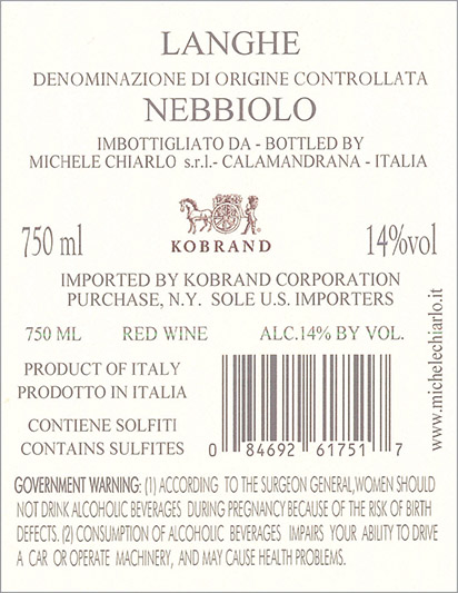 Il Principe Langhe Nebbiolo DOC Back Label