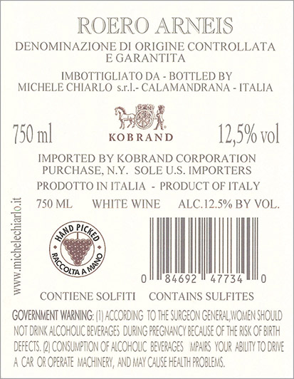 Le Madri Roero Arneis DOCG Back Label