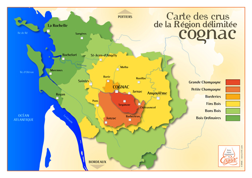 Carte des crus de la Region delimitee Cognac Map