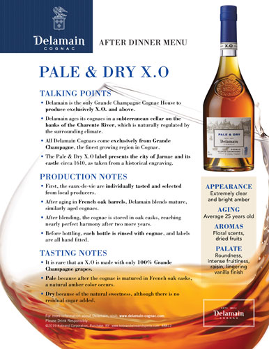 Pale & Dry X.O After Dinner Menu Sell Sheet