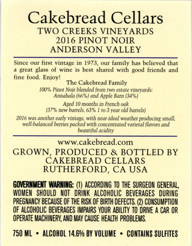 Two Creeks Vineyards Pinot Noir 2016  Back Label