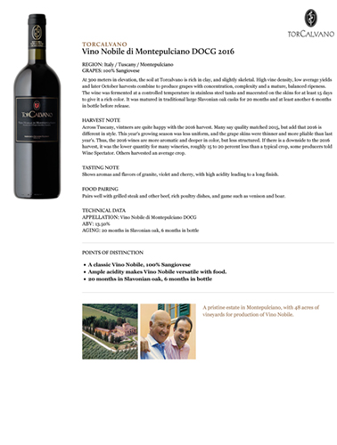 Vino Nobile di Montepulciano DOCG 2016 Fact Sheet