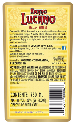 Amaro Lucano Back Label – Italian Bitters (750ml)