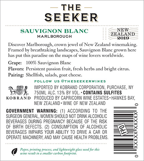 Sauvignon Blanc (New Zealand) 2019 Back Label
