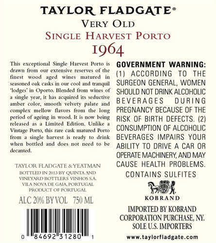 1964 Single Harvest Porto Back Label