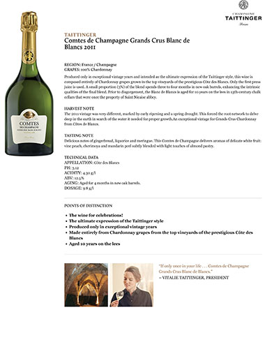 Comtes de Champagne Grands Crus Blanc de Blancs 2011 Fact Sheet